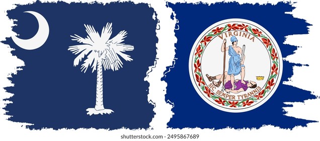 Virginia and South Carolina states grunge brush flags connection, vector