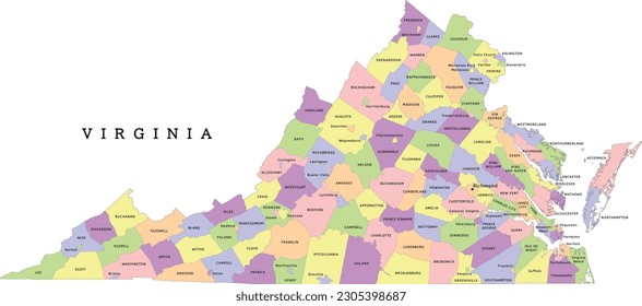 Virginia state administrative map with counties. Clored. Vectored. Yellow, green, blue, pink, violet