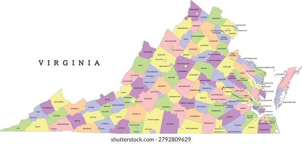 Virginia state administrative map with counties. Colored. Vectored