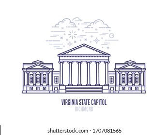 Virginia State Capitol located in Richmond city. The seat of government for the U.S. state of Virginia. The great example of Palladian architecture. City sight linear style vector icon