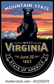 Virginia state emblem, sunset on a dark background