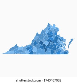 Virginia State Map Administration Division Blue Color. Arkansas Map Vector Illustration Eps10