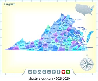 Virginia State Map with Community Assistance and Activates Icons Original Illustration