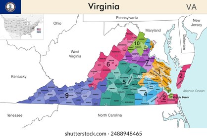 Virginia state map with counties borders and colored congressional districts boundaries due to The 2020 United States census and which is valid since 2023. Flag of Virginia. Vector