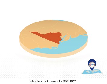 Virginia state map designed in isometric style, orange circle map of US state Virginia for web, infographic and more.