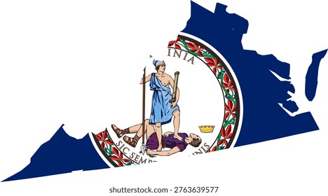 Virginia State Map with Flag Design and Accurate Geographic Contours. Professional vector silhouette featuring the state seal on a blue background. Ideal for Richmond travel guides, Washington DC metro area infographics, and Chesapeake Bay news reports. Clean 2D minimalist graphic