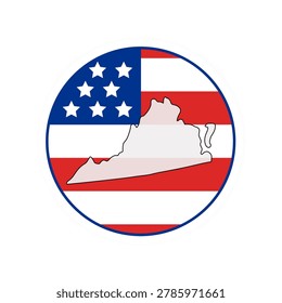 Virginia state map over USA flag badge. Virginia state map silhouette overlaid with the United States flag.