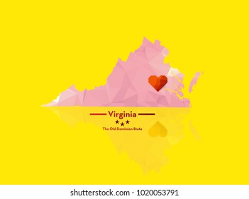 Virginia state map polygonal geometic with red heart and nickname "The Old Dominion State" , Vector EPS 10.