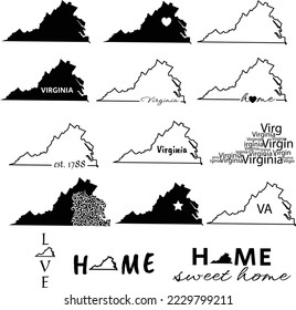 Virginia State Map Set Outline Vector Design