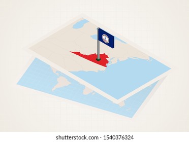 Virginia state selected on map with isometric flag of Virginia. Vector paper map.