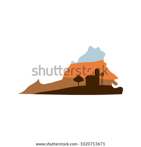 Virginia State Shape w Farm at Sunset with Windmill, Barn, and a Tree