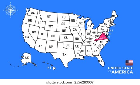 Virginia State, USA, vector map isolated on United states map.
