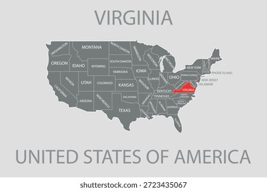 Estado da Virgínia, EUA, mapa vetorial isolado no mapa dos Estados Unidos. Mapa vetorial em branco editável dos EUA.
