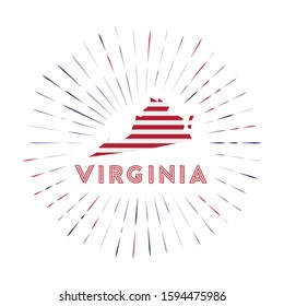 Virginia sunburst badge. The US state sign with a map of Virginia and the American flag. Colorful rays around the logo. Vector illustration.
