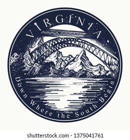 Virginia. Tattoo and t-shirt design. Welcome to state of Virginia, (USA). Down where the South begin slogan. Travel art concept    