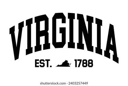 Virginia typography design with map vector. Editable college t-shirt design printable text effect vector	