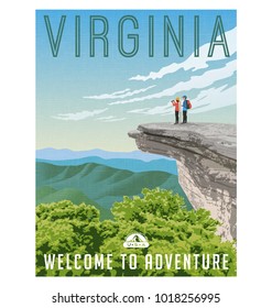 Virginia, United States Retro Style Travel Poster Or Sticker. Scenic View From Rocky Cliff On The Appalachian Trail.