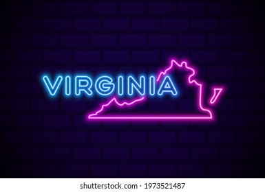 virginia US state glowing neon lamp sign Realistic vector illustration Blue brick wall glow