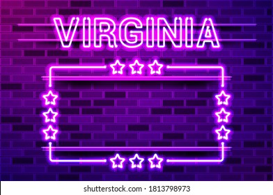 Virginia US State glowing purple neon lettering and a rectangular frame with stars. Realistic vector illustration. Purple brick wall, violet glow, metal holders.