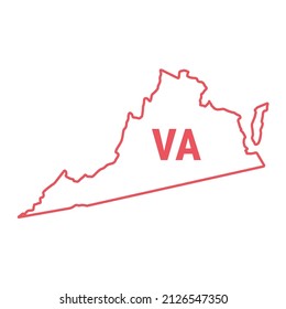 Mapa de la frontera roja del esquema del estado de Virginia. Ilustración vectorial aislada en blanco. Abreviación de estado de dos letras. Trazo editable. Ajustar el peso de la línea.