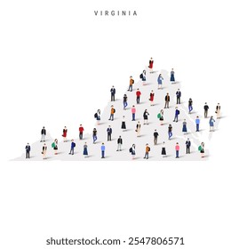 Virginia US state population map. Large group of realistic a diverse crowd of people figures. Flat vector illustration isolated on white.