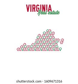 Virginia US state realty creative concept. Icons of houses with gardens in the shape of a map of Virginia. Vector illustration.