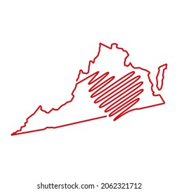 Mapa de esquema rojo del estado de Virginia con forma de corazón manuscrita. Dibujo continuo de la línea del signo patriótico del hogar. Un amor por una pequeña patria. La idea de imprimir camisetas. Ilustración vectorial.