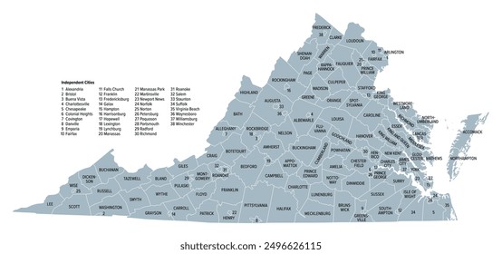 Virginia, U.S. state subdivided into 95 counties and 38 independent cities, gray political map. Commonwealth of Virginia, a state in the Southeastern and Mid-Atlantic regions of the United States.