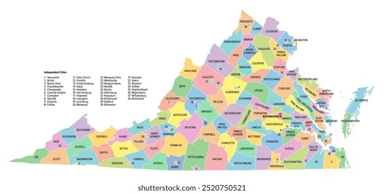 Virginia, US-Bundesstaat, unterteilt in 95 Bezirke und 38 unabhängige Städte, farbige politische Karte mit Hauptstadt Richmond, und Bezirksnamen. Staat im Südosten und Mittleren Atlantik der USA.