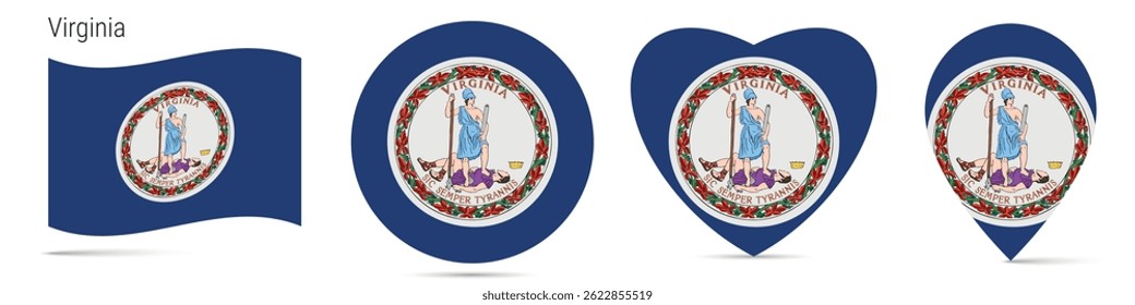 Virginia US state waving flag, round circle sticker badge, heart shaped icon, map pin. Flag buttons of different shapes. Vector illustration isolated on white.