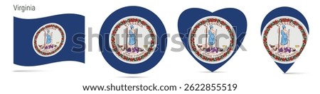 Virginia US state waving flag, round circle sticker badge, heart shaped icon, map pin. Flag buttons of different shapes. Vector illustration isolated on white.