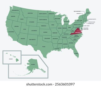 Virginia, USA. Editable isolated blank vector map of United states, highlighted at state of Virginia.