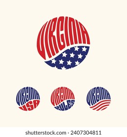 Pegatina patriótica o conjunto de botones de Virginia USA. Ilustración vectorial para stickers de viajes, insignias políticas, camisetas.