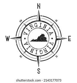 Virginia, EE.UU. Stamp Map Compass Adventure. Ilustración Símbolo de país de viaje. Icono de la rosa del viento de la Expedición de sello.