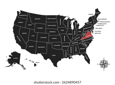 Virginia , USA, vector map isolated on United states map. Editable blank vector map of USA.