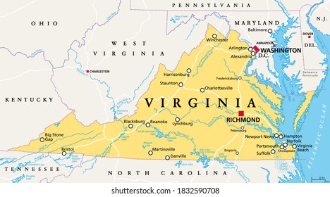 Virginia, VA, political map. Commonwealth of Virginia. State in Southeastern and Mid-Atlantic region of the United States. Capital Richmond. Old Dominion. Mother of Presidents. Illustration. Vector.