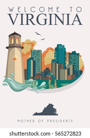 Virginia vector american poster. USA travel illustration. United States of America colorful greeting card.