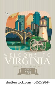Virginia vector american poster. USA travel illustration. United States of America colorful greeting card.