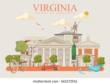 Virginia vector american poster. USA travel illustration. United States of America colorful greeting card.