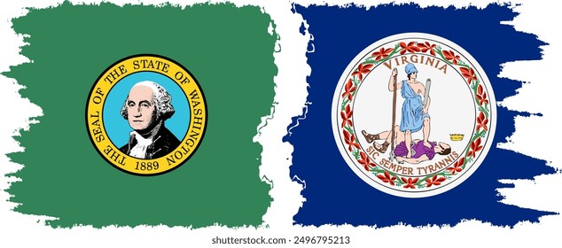 Virginia and Washington states grunge brush flags connection, vector