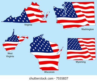 Virginia, Washington, West Virginia, Wisconsin, Wyoming outlines with flags, each individually grouped