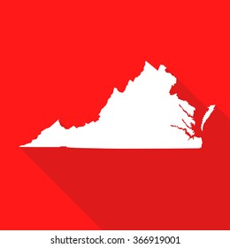 Virginia white map,border flat simple style with long shadow on red background