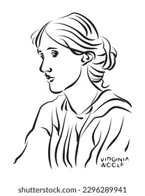 Virginia Woolf pencil sketch illustration. British novelist, essayist, publisher, critic. Poster, Wall Decoration, Postcard, Social Media Banner, Brochure Cover Design Background. Vector Pattern.