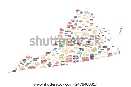 Virginia Word Cloud. State shape with county division. Virginia typography style image. County names tag clouds. Vector illustration.