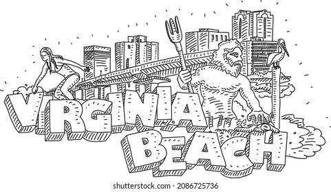 Virginia_Beach. Skizzenhafte, handgezeichnete Vektorgrafik. Virginia Beach Worte auf dem Strand mit Surfmädchen, König Neptun, Brücke und Skyline mit Gebäuden.