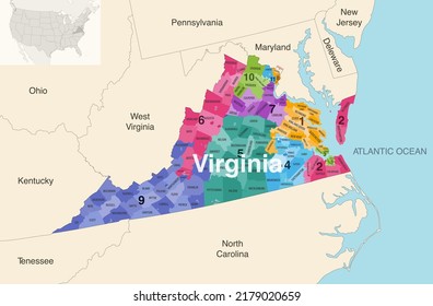 Virginia's congressional districts (since 2022) vector map with neighbouring states and terrotories