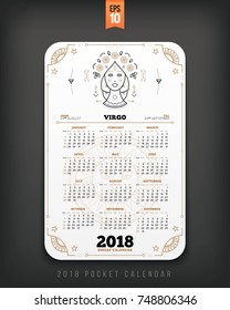 Virgo 2018 year zodiac calendar pocket size vertical layout White color design style vector concept illustration.