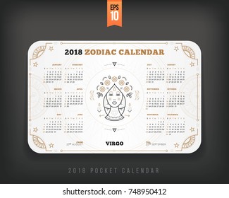 Virgo 2018 year zodiac calendar pocket size horizontal layout White color design style vector concept illustration.