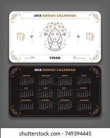 Virgo 2018 year zodiac calendar pocket size horizontal layout Double side black and white color design style vector concept illustration
