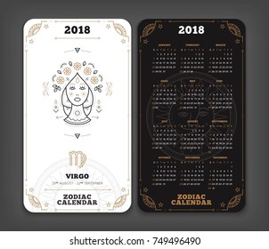 Virgo 2018 year zodiac calendar pocket size vertical layout Double side black and white color design style vector concept illustration